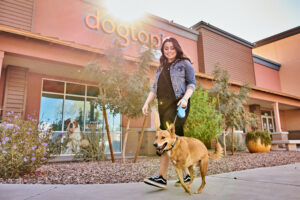 Pet parent bringing their dog to Dogtopia daycare in Fort Myers, FL
