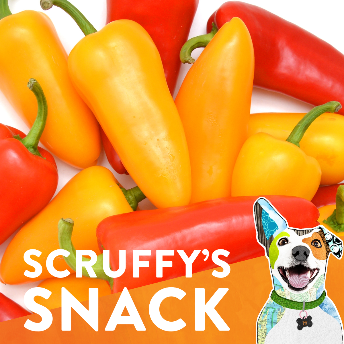Mini bell peppers behind Scruffy Snack graphic